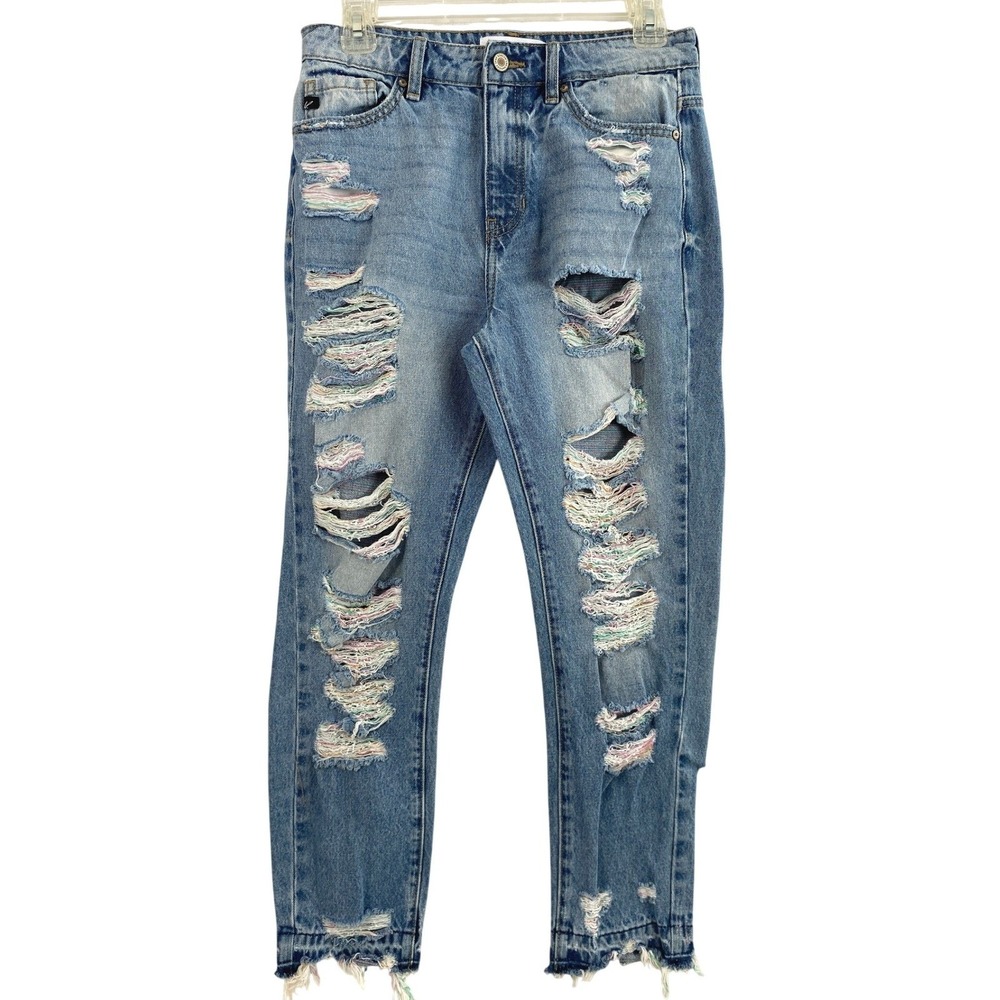 Kancan Jeans Womens Size 26 Light Wash Denim Destroyed Mid Rise Raw Hem